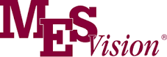 A maroon and white logo for es vision.