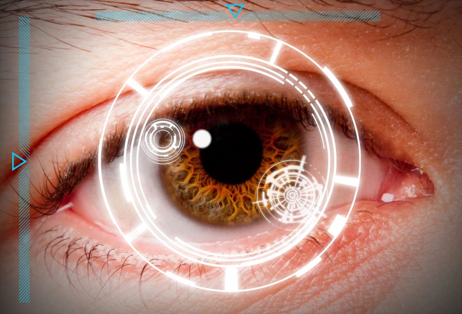 A close up of an eye with a futuristic display